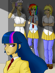 Size: 782x1032 | Tagged: safe, artist:asdf314159265, imported from derpibooru, applejack, gilda, rainbow dash, twilight sparkle, human, clothes, humanized, light skin, moderate dark skin, necktie, school uniform, smoking