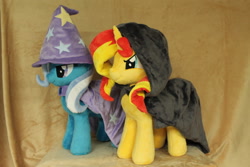 Size: 2256x1504 | Tagged: safe, artist:whitedove-creations, imported from derpibooru, sunset shimmer, trixie, pony, unicorn, cloak, clothes, irl, photo, plushie