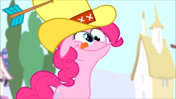 Size: 854x480 | Tagged: safe, imported from derpibooru, pinkie pie, pinkie pride, :p, faic, female, floppy ears, hat, silly face, smiling, solo, tongue out