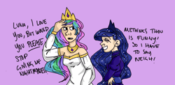 Size: 1272x620 | Tagged: safe, artist:mcwhale4, imported from derpibooru, princess celestia, princess luna, human, duo, humanized, light skin, simple background