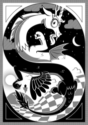 Size: 1400x1981 | Tagged: safe, artist:dahtamnay, imported from derpibooru, discord, draconequus, black and white, day, duality, escheresque, featured image, floating, flying, grayscale, impossible object, looking at you, m. c. escher, male, modern art, monochrome, night, non-euclidean, optical illusion, smiling, solo, style emulation, surreal, yin-yang