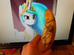 Size: 1632x1224 | Tagged: safe, artist:johnjoseco, artist:synch-anon, imported from derpibooru, princess celestia, princess molestia, banana, bananalestia, celestia is not amused, irl, photo, princess celestia is not amused, unamused, waifu dinner