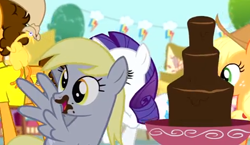 Size: 460x267 | Tagged: safe, imported from derpibooru, screencap, applejack, cheese sandwich, derpy hooves, rarity, pegasus, pony, pinkie pride, chocolate fountain, female, mare