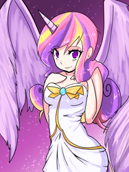 Size: 2250x3000 | Tagged: safe, artist:acharmingpony, imported from derpibooru, princess cadance, human, clothes, female, horned humanization, humanized, solo, spread wings, strapless, tailed humanization, winged humanization