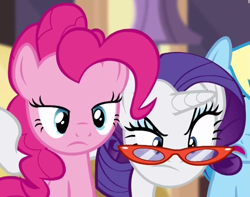 Size: 1155x910 | Tagged: safe, imported from derpibooru, pinkie pie, rarity, rarity takes manehattan, disapproval, glare, glasses