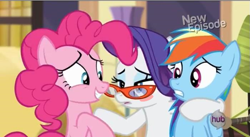 Size: 699x383 | Tagged: safe, edit, imported from derpibooru, screencap, pinkie pie, rainbow dash, rarity, rarity takes manehattan, drunk, drunk rarity, glasses