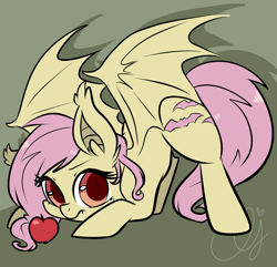 Size: 1280x1233 | Tagged: safe, artist:inkie-heart, imported from derpibooru, fluttershy, bat pony, pony, bats!, apple, cute, female, flutterbat, looking at you, race swap, shyabates, shyabetes, solo