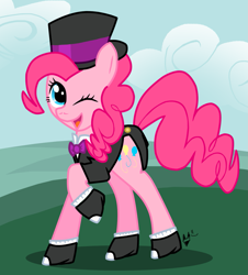 Size: 1277x1414 | Tagged: safe, artist:frostheartissiamese, artist:ticklemefrosty, imported from derpibooru, pinkie pie, bowtie, clothes, female, hat, solo, spats, suit, top hat, wink