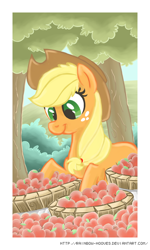 Size: 600x1000 | Tagged: safe, artist:rainbow-hooves, imported from derpibooru, applejack, apple, female, solo, tree