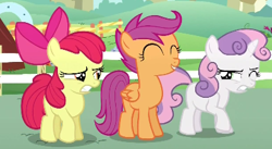 Size: 410x224 | Tagged: safe, imported from derpibooru, screencap, apple bloom, scootaloo, sweetie belle, flight to the finish, cringing, cutie mark crusaders, eyes closed, lidded eyes, one of these things is not like the others, unhappy