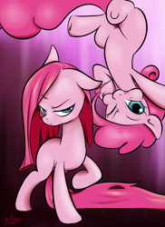 Size: 875x1200 | Tagged: safe, artist:wherewolfs, imported from derpibooru, pinkie pie, duality, long tail, looking at you, missing cutie mark, one eye closed, pinkamena diane pie, raised eyebrow, raised hoof, upside down