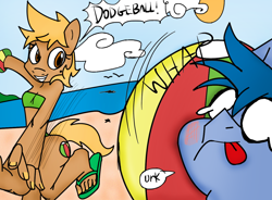 Size: 1280x940 | Tagged: safe, artist:sweethd, edit, imported from derpibooru, oc, oc only, oc:beach ball, anthro, plantigrade anthro, beach, beach ball, colored, dodgeball, feet, nail polish, sandals