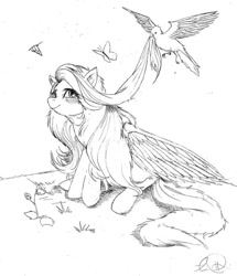 Size: 600x697 | Tagged: safe, artist:derp-my-life, imported from derpibooru, fluttershy, bird, butterfly, blushing, female, grooming, monochrome, sitting, sketch, smiling, solo, spread wings