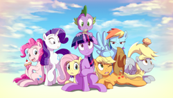 Size: 1920x1080 | Tagged: safe, artist:deannart, imported from derpibooru, applejack, derpy hooves, fluttershy, pinkie pie, rainbow dash, rarity, spike, twilight sparkle, alicorn, dragon, earth pony, pegasus, pony, unicorn, accessory theft, anime, applejack's hat, cowboy hat, cupcake, female, food, hat, lidded eyes, mane seven, mane six, mare, mouth hold, muffin, prehensile tail, raised hoof, stetson, tail, twilight sparkle (alicorn), wallpaper