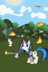 Size: 1000x1500 | Tagged: safe, artist:whitepone, imported from derpibooru, angel bunny, dj pon-3, vinyl scratch, crocodile, pony, rabbit, snake, unicorn, bandage, blood, clothes, cloud, cutie mark, far cry 3, female, fire, flamethrower, glowing horn, gun, hooves, horn, levitation, magic, mare, rock, smiling, solo, sunglasses, tattoo, teeth, telekinesis, tree, vector, weapon