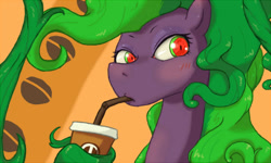 Size: 600x360 | Tagged: safe, artist:rigi, imported from derpibooru, mane-iac, earth pony, pony, blushing, cup, drinking, eyelashes, female, mare, sane-iac, solo, straw