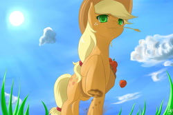 Size: 3600x2400 | Tagged: safe, artist:mricantdraw, imported from derpibooru, applejack, apple, cloud, cloudy, female, grass, perspective, solo, sun, underhoof