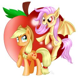 Size: 900x900 | Tagged: safe, artist:swanlullaby, imported from derpibooru, applejack, fluttershy, bat pony, pony, apple, flutterbat, race swap