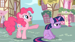 Size: 1050x590 | Tagged: safe, edit, imported from derpibooru, pinkie pie, twilight sparkle, duo, glare, grumpy twilight, happy, unhappy