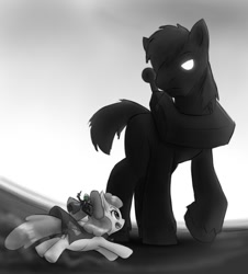 Size: 879x971 | Tagged: safe, artist:alloyrabbit, imported from derpibooru, apple bloom, big macintosh, oc, oc:anon, earth pony, pony, male, shadow of the colossus, stallion