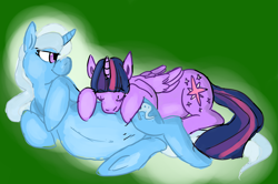 Size: 1957x1301 | Tagged: safe, artist:dolly, artist:twizzle, imported from derpibooru, trixie, twilight sparkle, alicorn, pony, bedroom eyes, belly, colored, cute, eyes closed, female, kissing, lesbian, looking back, lying, lying down, magical lesbian spawn, mare, offspring, on side, pregnant, prone, sensibly-proportioned pregnancy, shipping, side, smiling, twilight sparkle (alicorn), twixie, underhoof