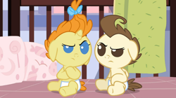 Size: 1054x592 | Tagged: safe, imported from derpibooru, screencap, pound cake, pumpkin cake, a friend in deed, angry, arms folded, baby, colt, crossed arms, diaper, diapered, diapered colt, diapered filly, diapered foals, duo, female, filly, looking at each other, male, one month old colt, one month old filly, one month old foals, white diapers