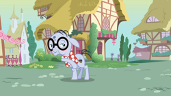 Size: 1050x590 | Tagged: safe, imported from derpibooru, screencap, mr. waddle, earth pony, pony, a friend in deed, blush sticker, blushing, bowtie, bubble pipe, elderly, glasses, liver spots, male, solo, stallion