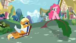 Size: 1054x592 | Tagged: safe, imported from derpibooru, screencap, apple cobbler, pinkie pie, pony, a friend in deed, apple family member, female, glasses, mare, sunbathing, tanning, tanning mirror, tree