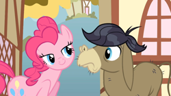 Size: 1054x592 | Tagged: safe, imported from derpibooru, screencap, cranky doodle donkey, pinkie pie, donkey, earth pony, pony, a friend in deed, lidded eyes, out of context, ponyville