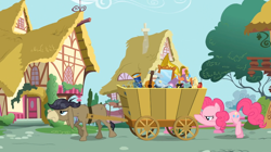 Size: 1054x592 | Tagged: safe, imported from derpibooru, screencap, cranky doodle donkey, pinkie pie, donkey, earth pony, pony, a friend in deed, ponyville, wagon