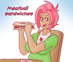 Size: 1000x850 | Tagged: safe, artist:hamflo, imported from derpibooru, babs seed, human, ask human babs seed, breasts, busty babs seed, chubby, dark skin, female, humanized, moderate dark skin, sandwich, solo, tumblr