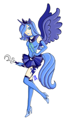 Size: 940x1561 | Tagged: safe, artist:carteraug21, imported from derpibooru, princess luna, human, clothes, eared humanization, female, high heels, horned humanization, humanized, light skin, miniskirt, s1 luna, sailor moon, simple background, skirt, solo, tailed humanization, thigh highs, winged humanization