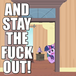 Size: 640x640 | Tagged: safe, imported from derpibooru, twilight sparkle, alicorn, pony, rarity takes manehattan, angry, caption, door, female, gtfo, hotel room, image macro, mare, reaction image, solo, twilight sparkle (alicorn), vulgar