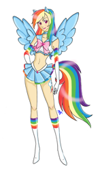 Size: 1022x1741 | Tagged: safe, artist:carteraug21, imported from derpibooru, rainbow dash, human, belly button, eared humanization, female, humanized, light skin, midriff, sailor moon, solo, tailed humanization, winged humanization