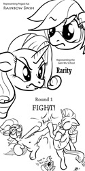 Size: 632x1264 | Tagged: safe, artist:gavalanche, imported from derpibooru, rainbow dash, rarity, scootaloo, belly button, comic, martial artist rarity, martial arts, monochrome