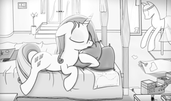 Size: 2440x1440 | Tagged: safe, artist:regolithx, imported from derpibooru, rarity, rarity takes manehattan, bed, female, grayscale, mannequin, monochrome, sleeping, solo