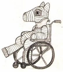 Size: 866x997 | Tagged: safe, artist:wingcommanderrudoji, imported from derpibooru, oc, oc only, oc:contrail, bandage, body cast, injured, medical bondage, monochrome, neck brace, solo, traditional art, wheelchair