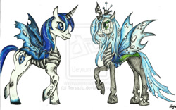 Size: 800x498 | Tagged: dead source, safe, artist:tersaziu, imported from derpibooru, queen chrysalis, shining armor, changeling, changeling queen, changelingified, cute, cute little fangs, deviantart watermark, fangs, female, male, mare, obtrusive watermark, shining chrysalis, shipping, simple background, stallion, watermark, white background