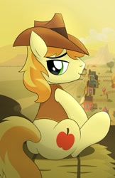 Size: 719x1111 | Tagged: safe, artist:drawponies, imported from derpibooru, braeburn, apple, appleloosa, braebutt, butt, hay bale, male, plot, profile, sitting, sketch, solo