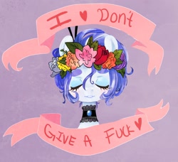 Size: 1280x1168 | Tagged: safe, artist:techtechno, imported from derpibooru, rarity, alternate hairstyle, banner, choker, collar, dissonant caption, eyes closed, female, floral head wreath, flower, gem, headdress, heart, jewel, jewelry, makeup, no fucks, old banner, pretty, profile, short hair, solo, text, thick eyebrows, vulgar