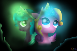 Size: 1024x678 | Tagged: safe, artist:phinbella02, imported from derpibooru, princess skyla, oc, oc:princess larva, alicorn, changeling, changeling queen, hybrid, nymph, pony, changeling queen oc, female, interspecies offspring, offspring, parent:princess cadance, parent:queen chrysalis, parent:shining armor, parents:shining chrysalis, parents:shiningcadance