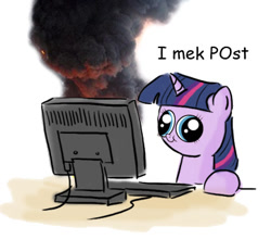 Size: 362x336 | Tagged: safe, artist:king-kakapo, artist:pureinsanity, edit, imported from derpibooru, twilight sparkle, pony, unicorn, :t, comic sans, computer, derp, derplight sparkle, explosion, female, fire, hey you, i mek post, keyboard, mare, monitor, on fire, reaction image, simple background, smiling, smoke, solo, unicorn twilight, wat, white background, wrong eye color