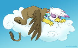 Size: 950x584 | Tagged: safe, artist:spainfischer, imported from derpibooru, gilda, rainbow dash, griffon, cloud, female, paw pads, plushie, sleeping, solo