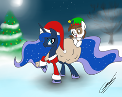 Size: 2500x2000 | Tagged: safe, artist:gearholder, imported from derpibooru, pipsqueak, princess luna, christmas tree, clothes, female, hat, lunapip, male, santa costume, santa hat, shipping, snow, straight, tree