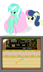 Size: 650x1080 | Tagged: safe, artist:jdan-s, imported from derpibooru, bon bon, carrot top, golden harvest, lyra heartstrings, minuette, sweetie drops, pony, bipedal, bon bon is not amused, nintendo entertainment system, parody, sitting lyra, video game