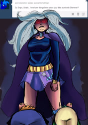 Size: 2975x4200 | Tagged: safe, artist:dinogorawrrainbow, imported from derpibooru, snails, snips, trixie, human, ask, bowing, cape, clothes, female, glowing eyes, humanized, male, trixie's cape, tumblr