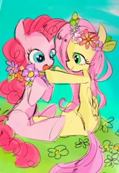 Size: 558x807 | Tagged: safe, artist:gebomamire, imported from derpibooru, fluttershy, pinkie pie, female, floral head wreath, flutterpie, lesbian, pixiv