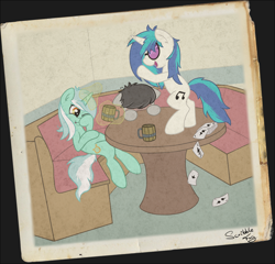 Size: 1300x1248 | Tagged: dead source, safe, artist:spaerk, imported from derpibooru, dj pon-3, lyra heartstrings, octavia melody, vinyl scratch, pony, unicorn, card, female, mare, table dancing