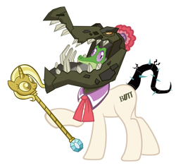 Size: 900x857 | Tagged: safe, artist:pixelkitties, imported from derpibooru, coco pommel, gummy, trixie, chimera, cragadile, crocodile, augmented tail, black vine, simple background, this isn't even my final form, transparent background, trixie scepter, twilight scepter, wat, what has science done