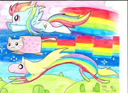 Size: 2337x1700 | Tagged: safe, artist:theundertakerskitty, imported from derpibooru, rainbow dash, cat, pegasus, adventure time, crossover, day, flying, lady rainicorn, nyan cat, nyan dash, rainbow, rainicorn, sky, traditional art, trio